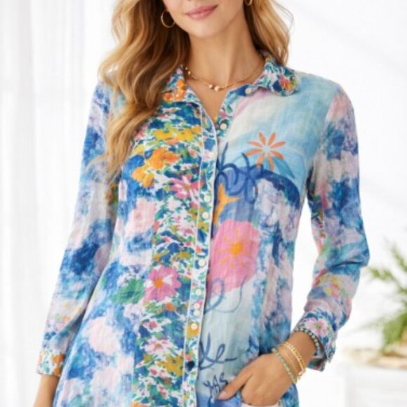 ohn Mark Women Small Sheer Tunic Blouse Abstract Floral Button Front Boho - Picture 7 of 7